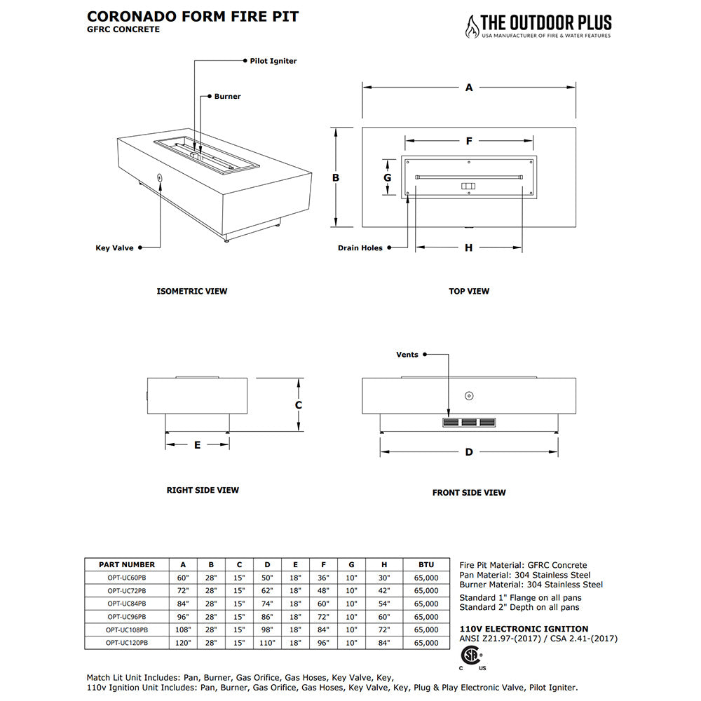 The Outdoor Plus OPT-UC60PB Ready-to-Finish Coronado Rectangle Fire Pit Kit, 60x28-Inch