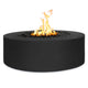 Round gas fire pit in black powder-coated steel with visible flames