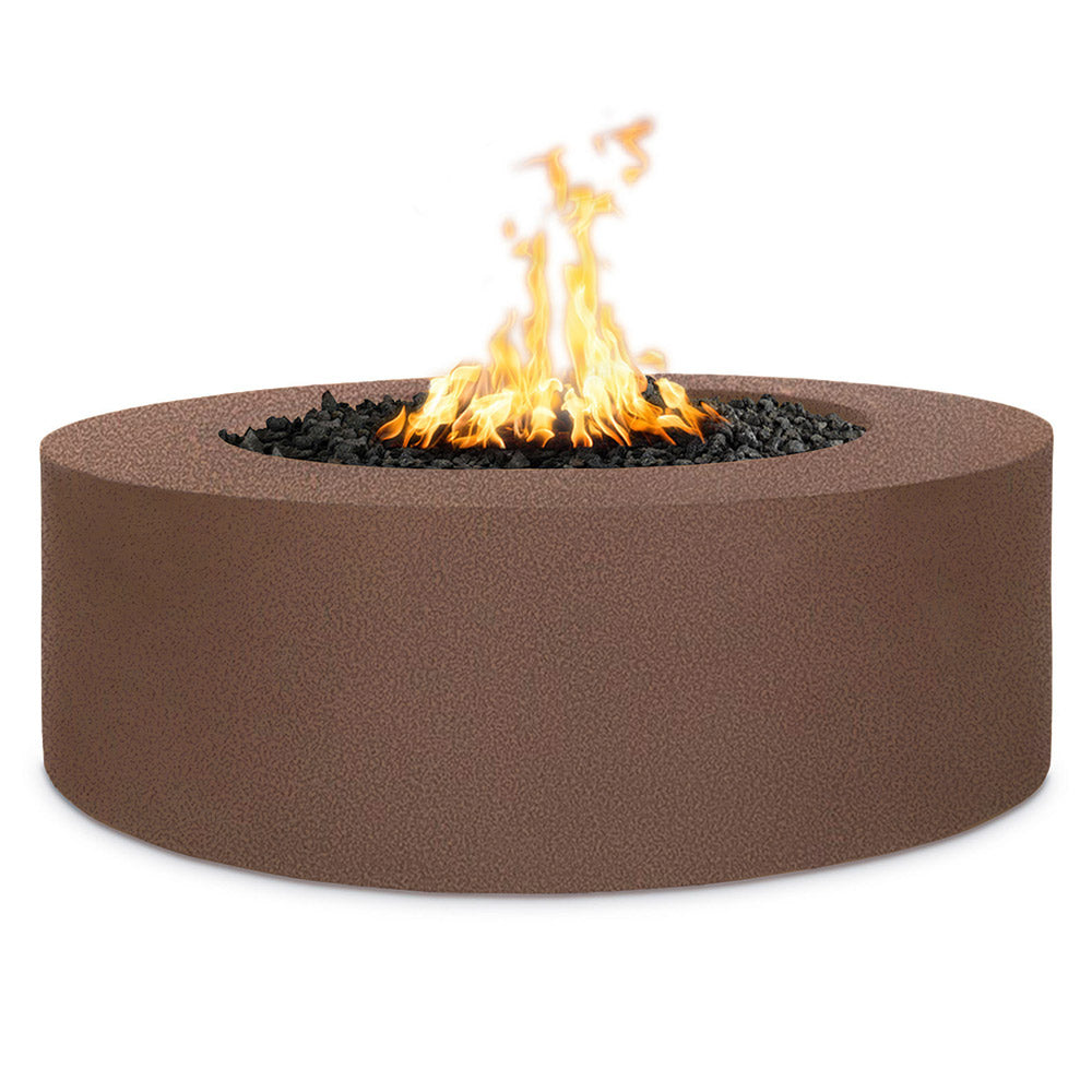 Round gas fire pit in brown with flames and black fire bed
