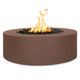 Round gas fire pit in brown powder-coated steel with flames burning over black stones