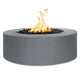 Round gas fire pit in gray powder-coated steel with flames in the center pan