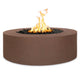 Round gas fire pit in brown powder-coated steel with flames over black fire stones