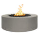 Round gas fire pit in medium gray powder-coated steel with flames burning over black media