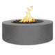 Gray round steel gas fire pit with flames and lava rocks in center