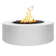 Round gas fire pit in white powder-coated steel with visible flames