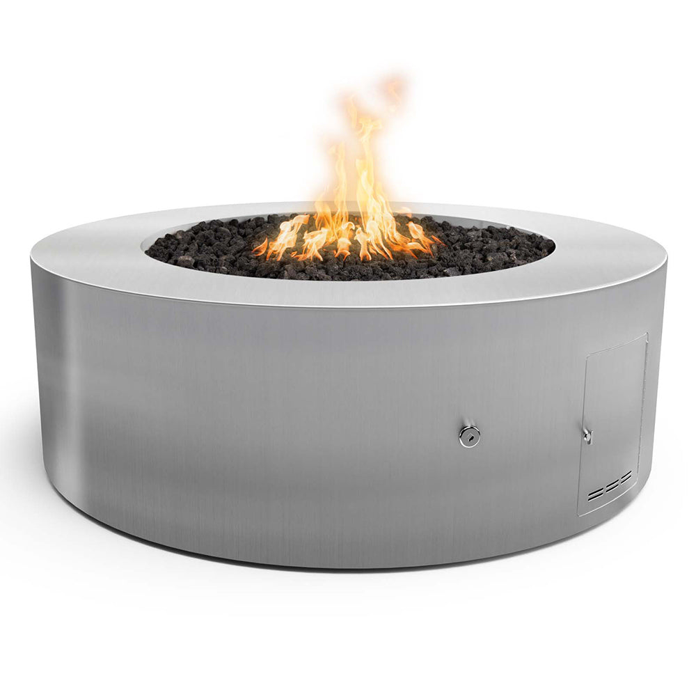 Round stainless steel gas fire pit with stone burner and visible flames
