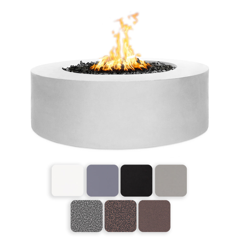Round gas fire pit in light gray powder-coated steel with visible flames