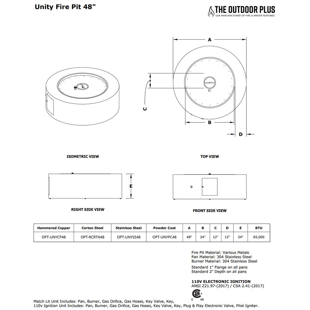 Gas fire pit dimension diagram with round top, side views, and measurements