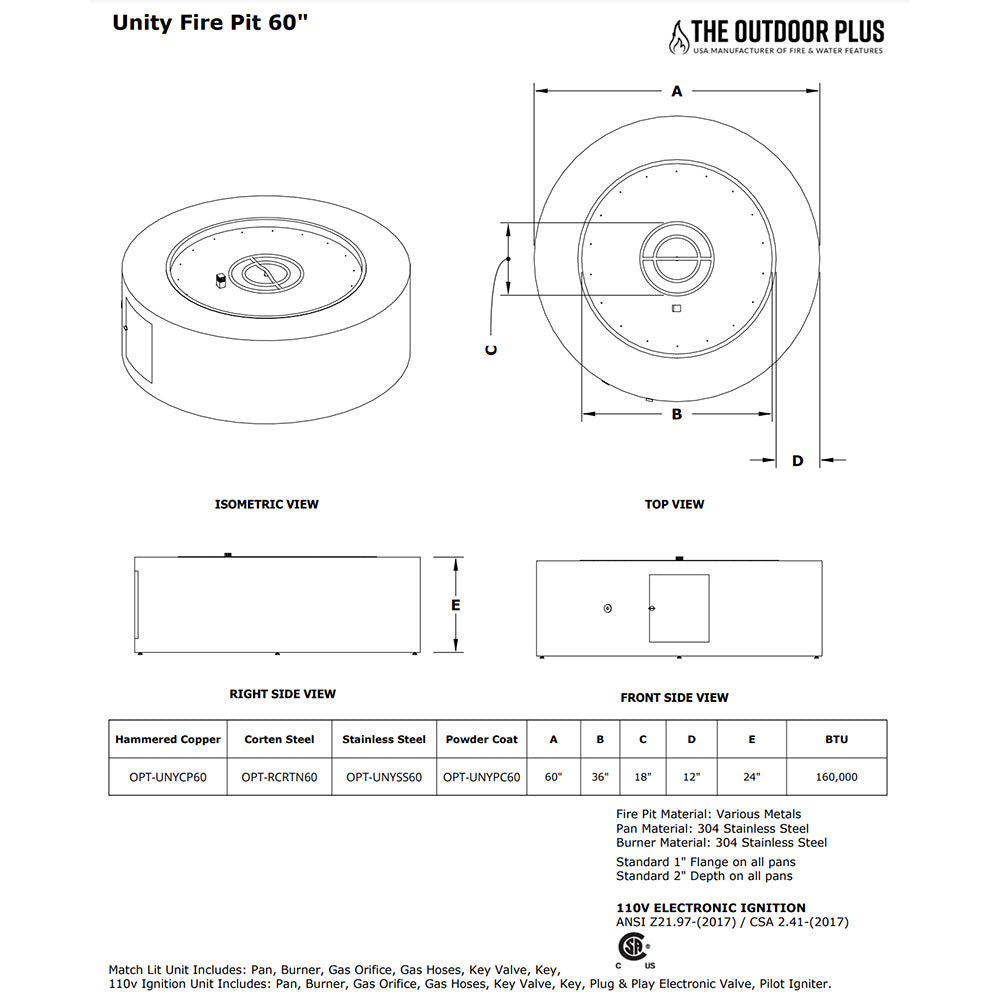 Gas fire pit dimension diagram with top and side views