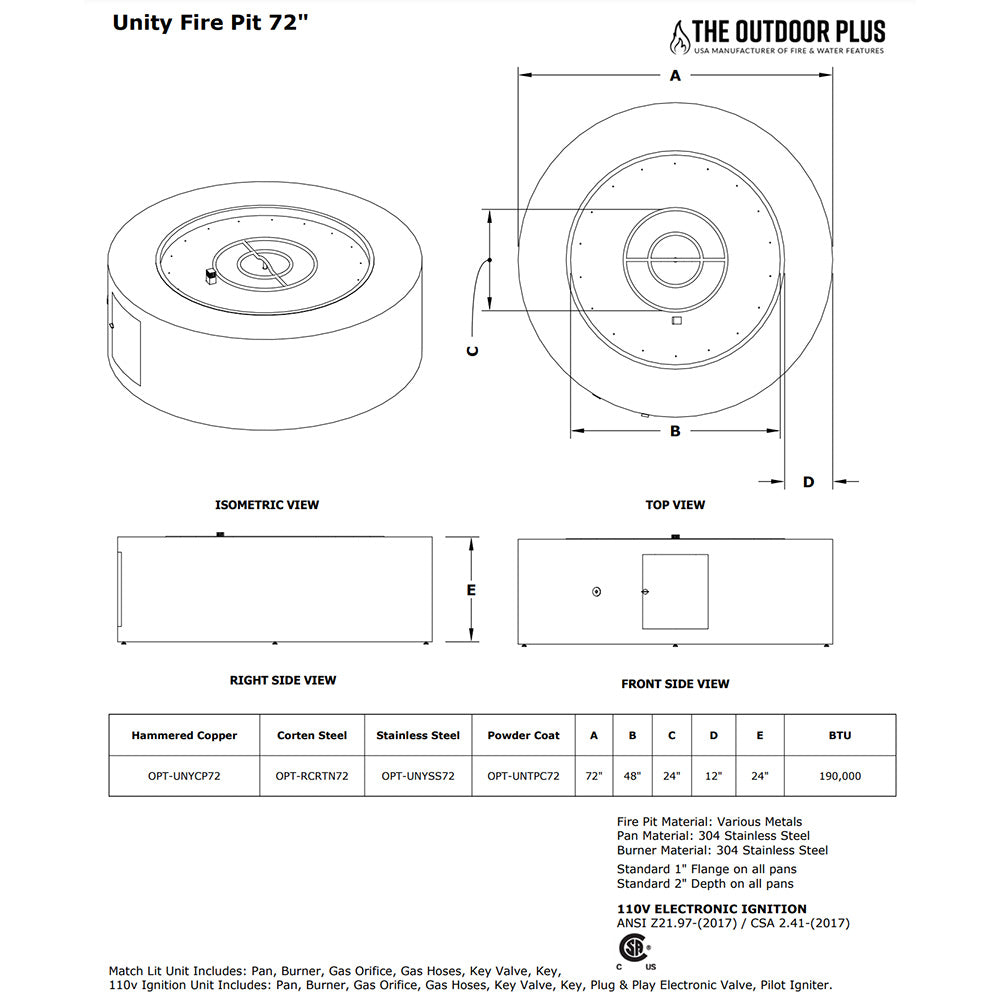 Technical diagram of a 72-inch round corten steel gas fire pit, top and front views