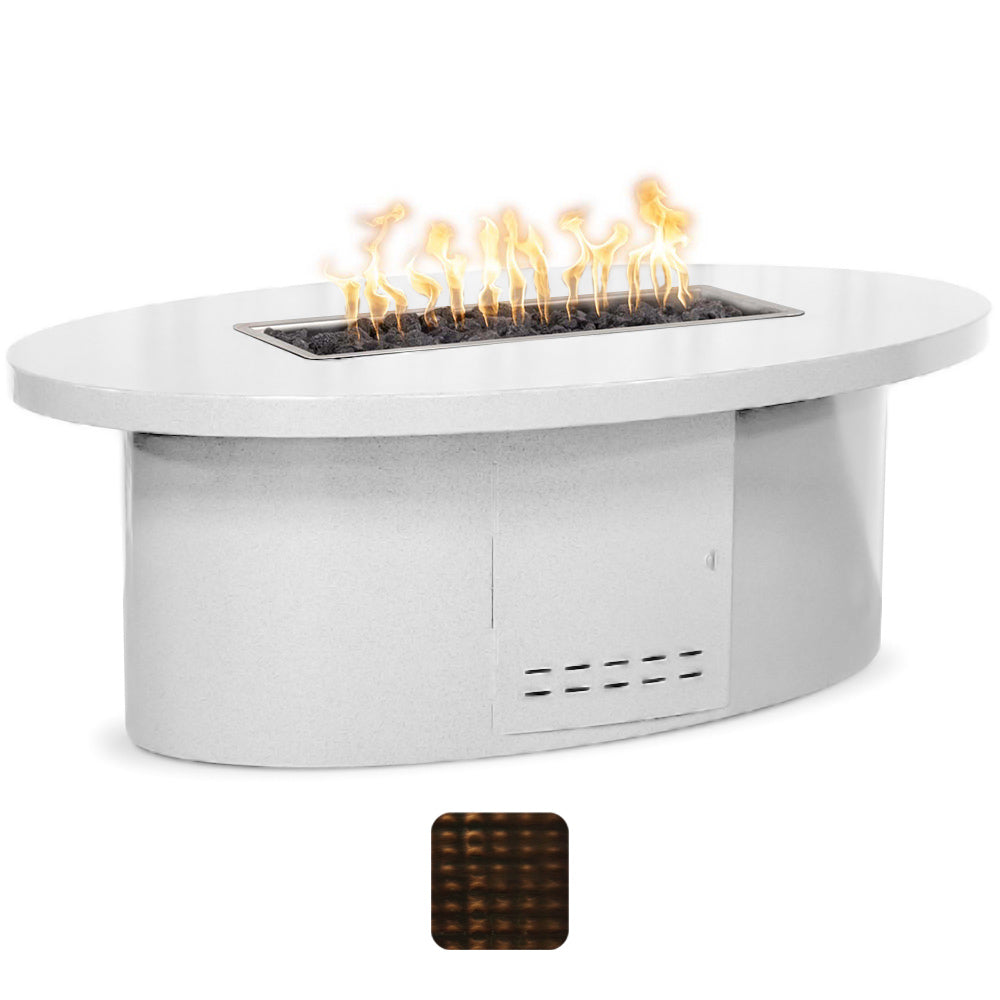White oval gas fire table with flames through central burner opening