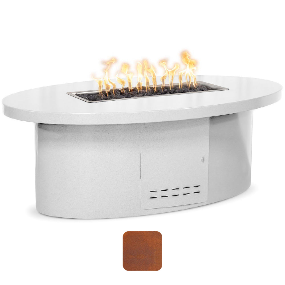 Oval gas fire table with black burner and visible flames in center bowl