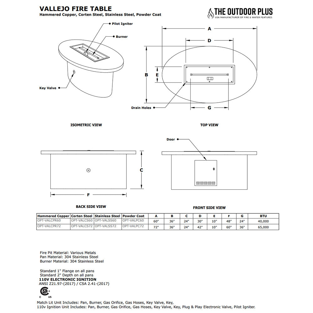 Fire table cutaway diagram with burner, control door, and labeled dimensions