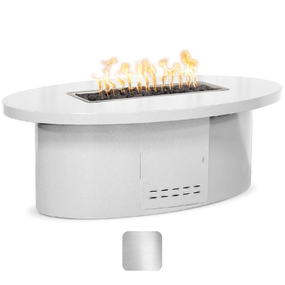 Oval stainless steel gas fire table with burning flames and mesh burner cover