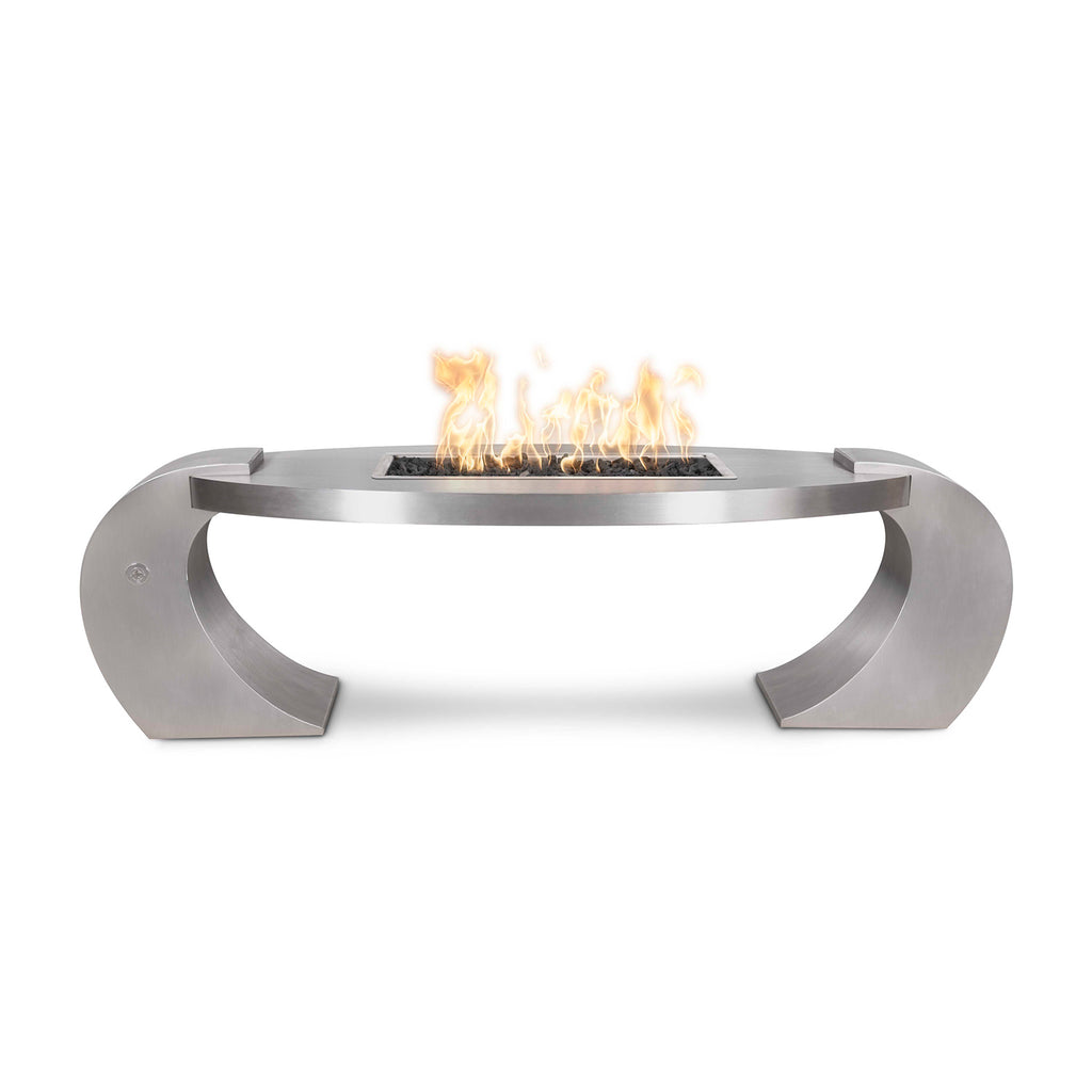 Stainless steel oval gas fire pit with flames and open center