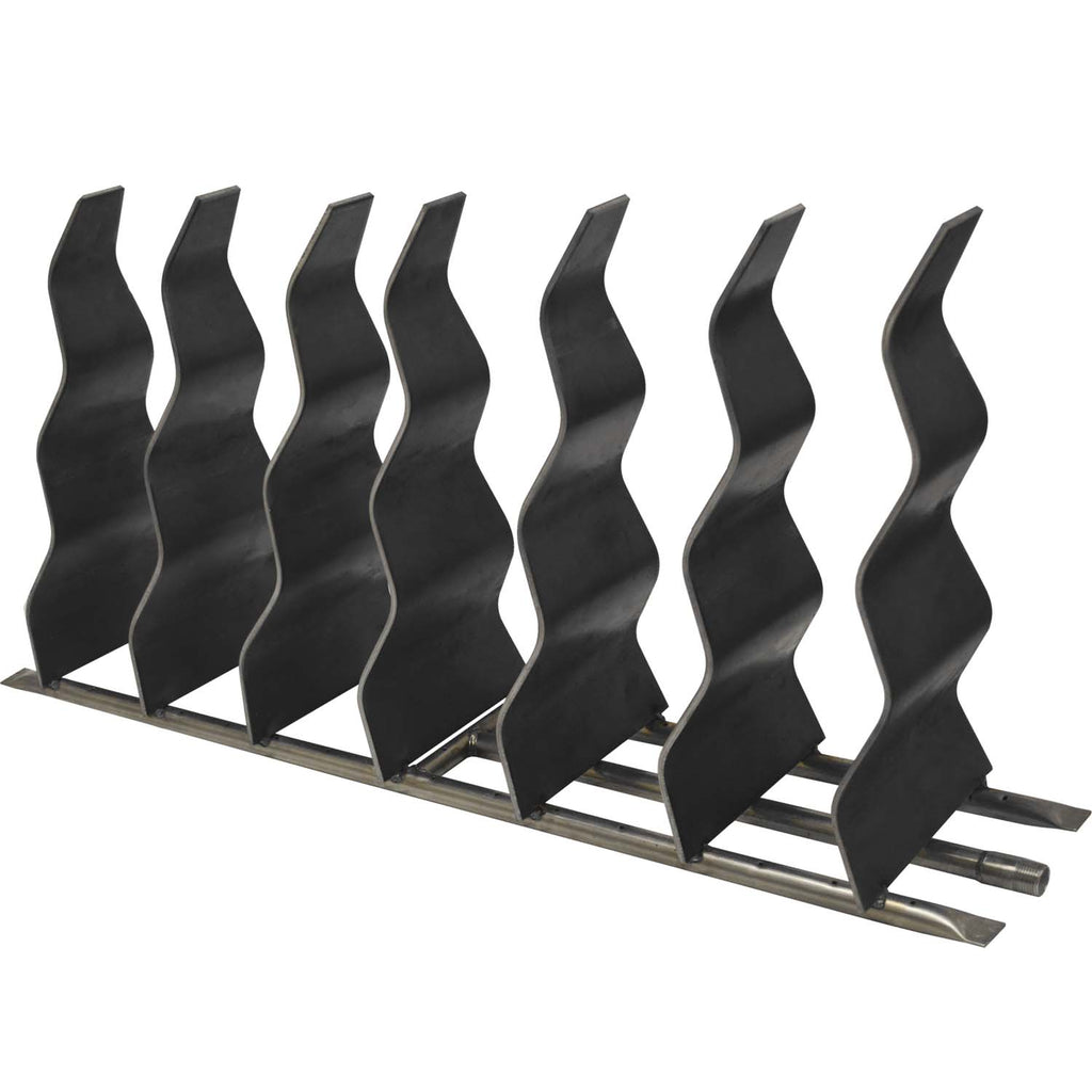 Black steel fireplace wave decor panel with upright wavy blades on mounting rail