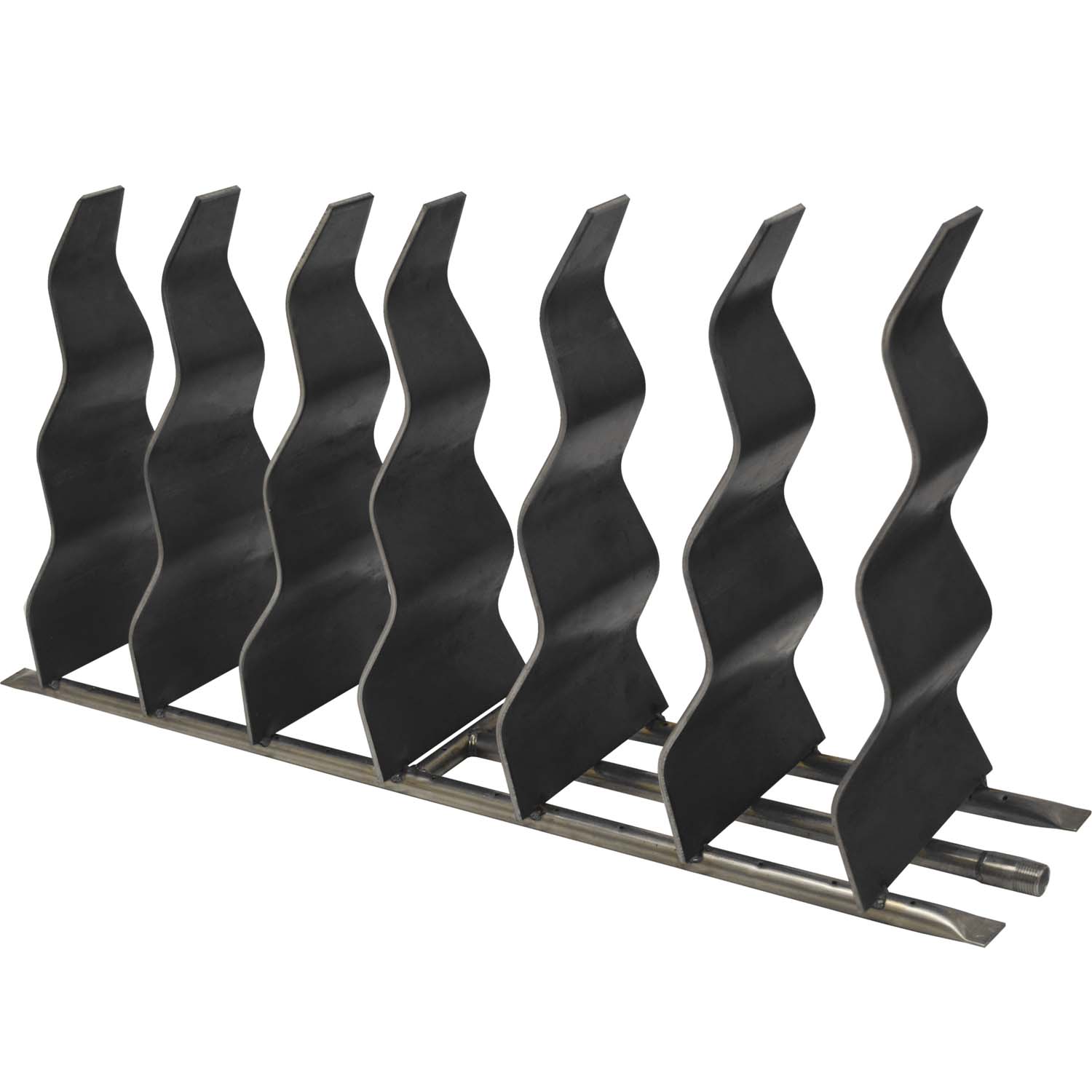 Black steel fireplace wave decor panel with upright wavy blades on mounting rail