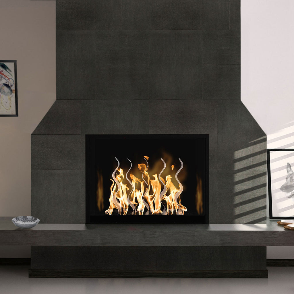 Outdoor gas fireplace with black firebox and wave-shaped flame jets