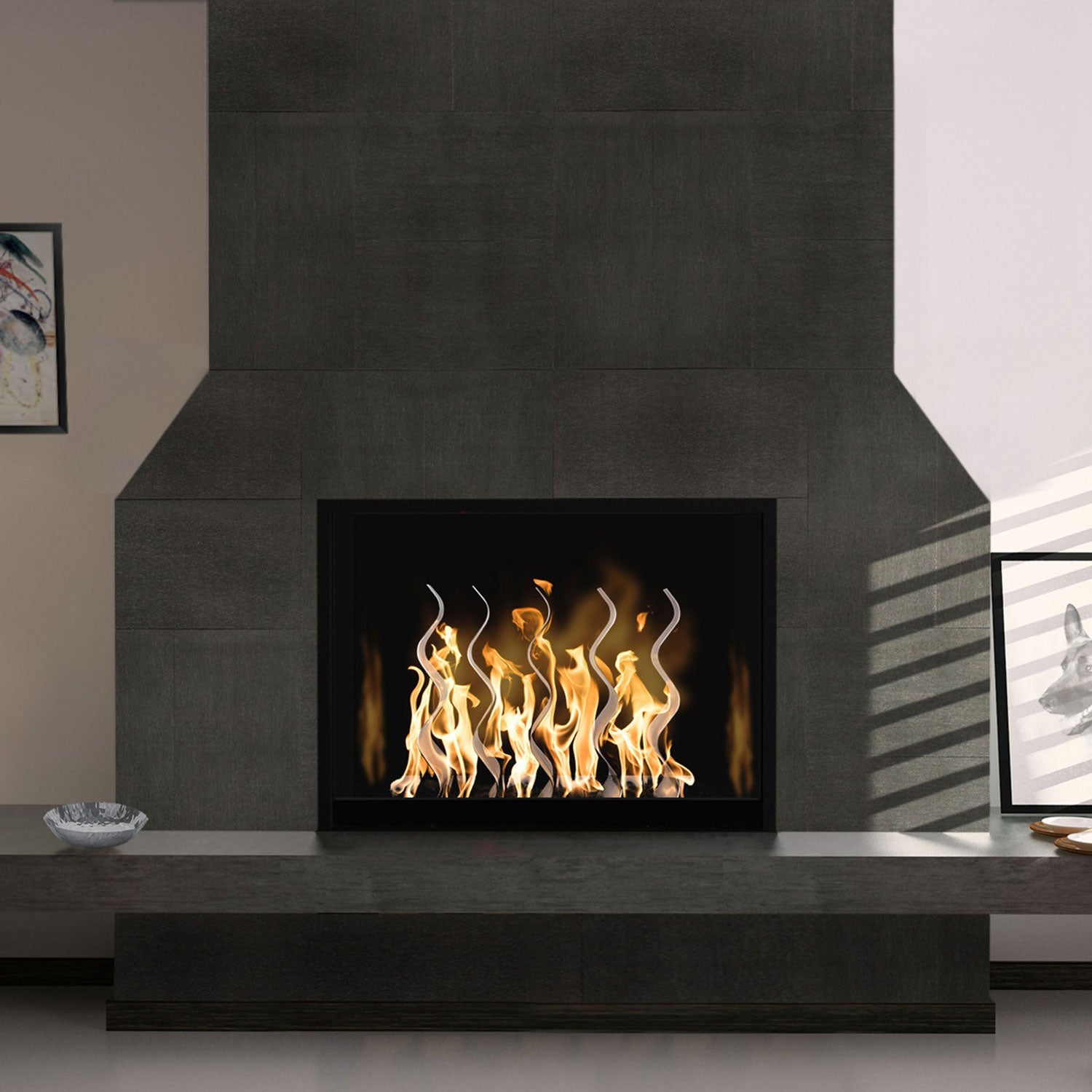 Outdoor gas fireplace with black firebox and wave-shaped flame jets