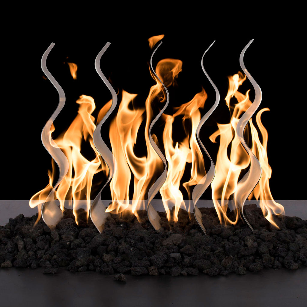 Gas fireplace flame display with tall wave-shaped burners and glowing orange flames