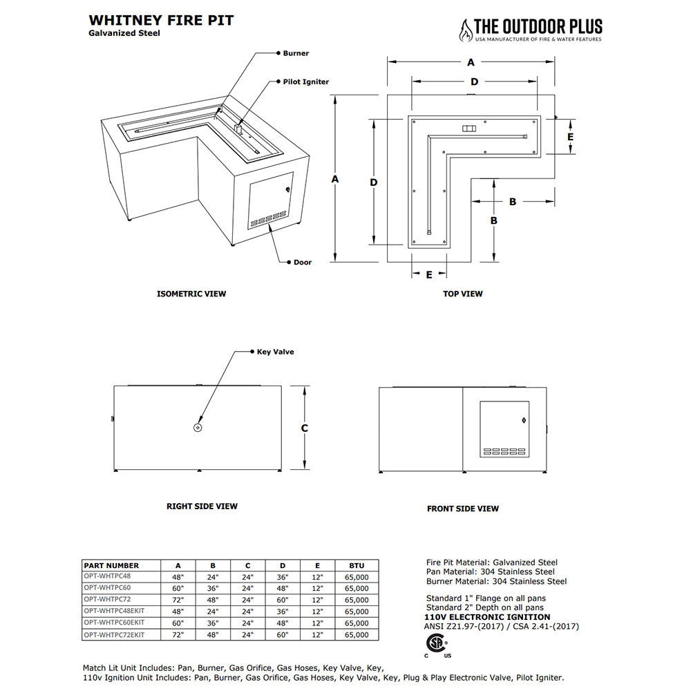 L-shaped gas fire pit diagram with labeled top view, dimensions, and key parts