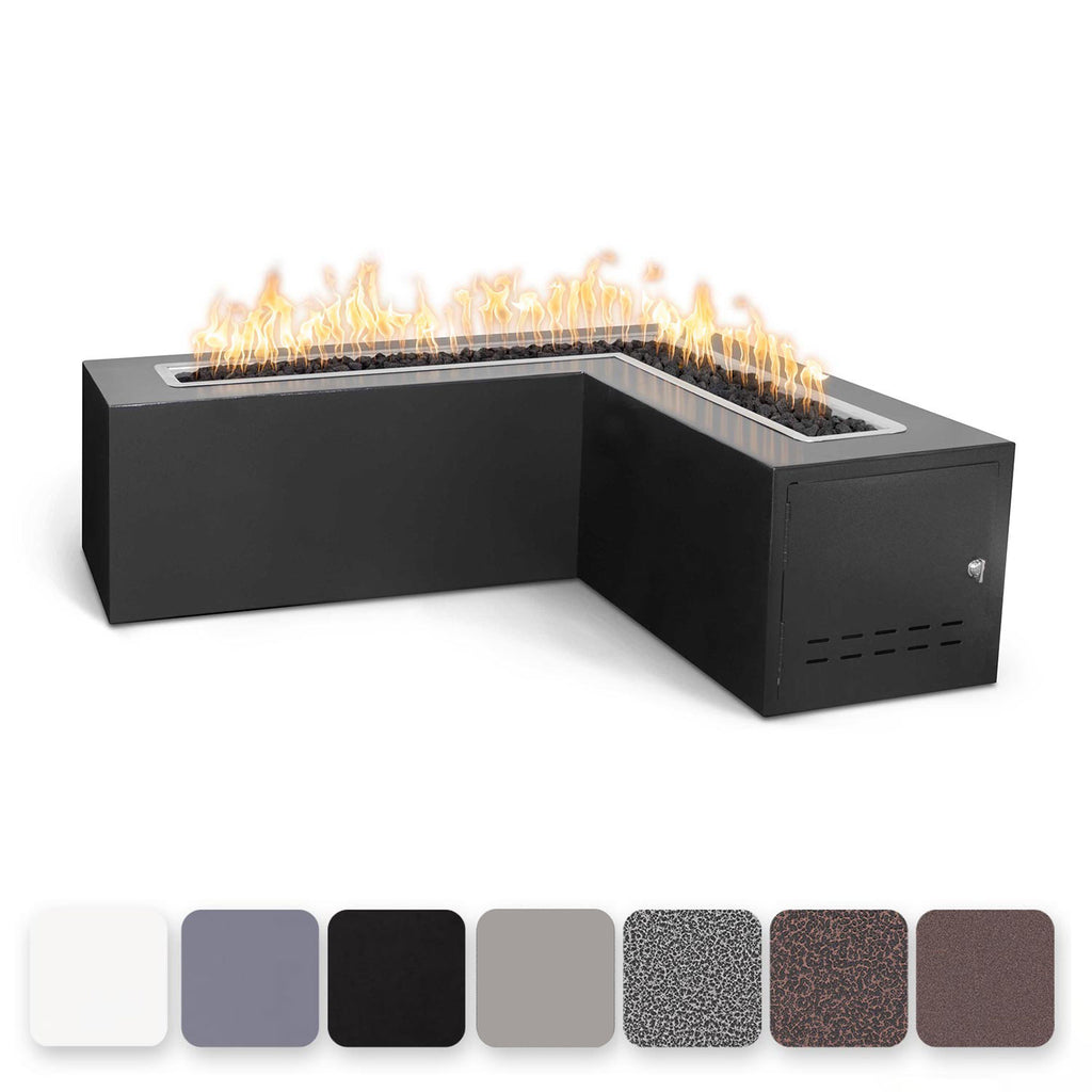 Black L-shaped gas fire pit with open burner tray and visible side control panel