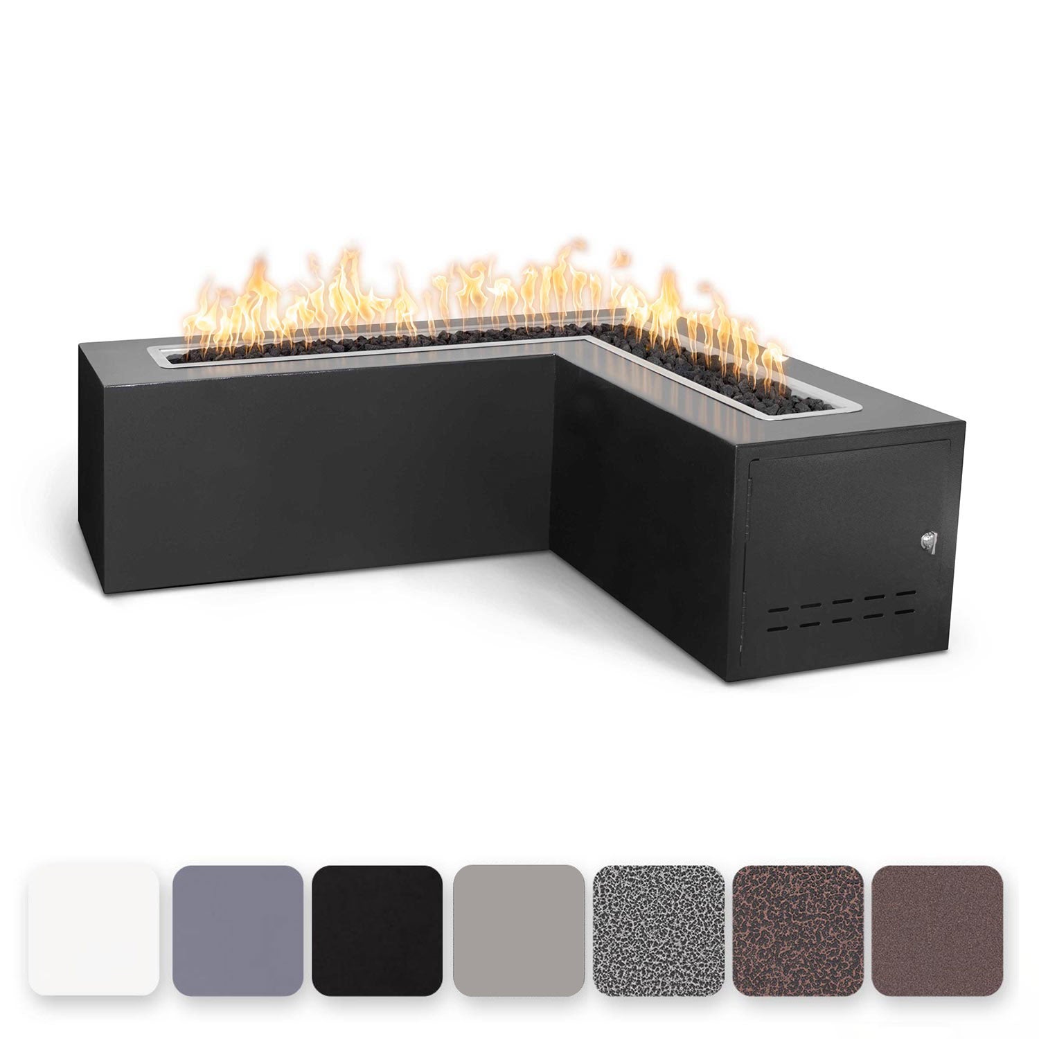 Black L-shaped gas fire pit with open burner tray and visible side control panel