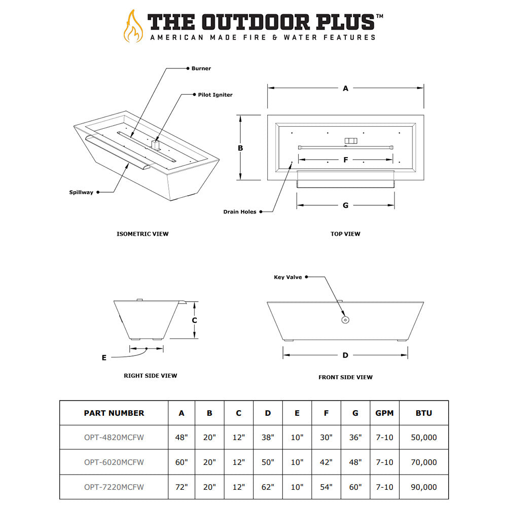 Linear fire and water bowl diagram with burner, drains, and dimensions