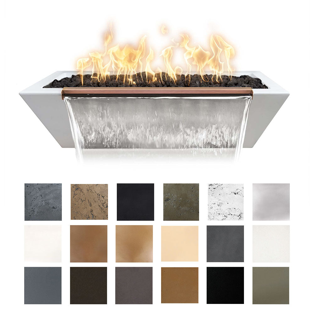 Linear concrete fire and water bowl with flames and finish color swatch grid
