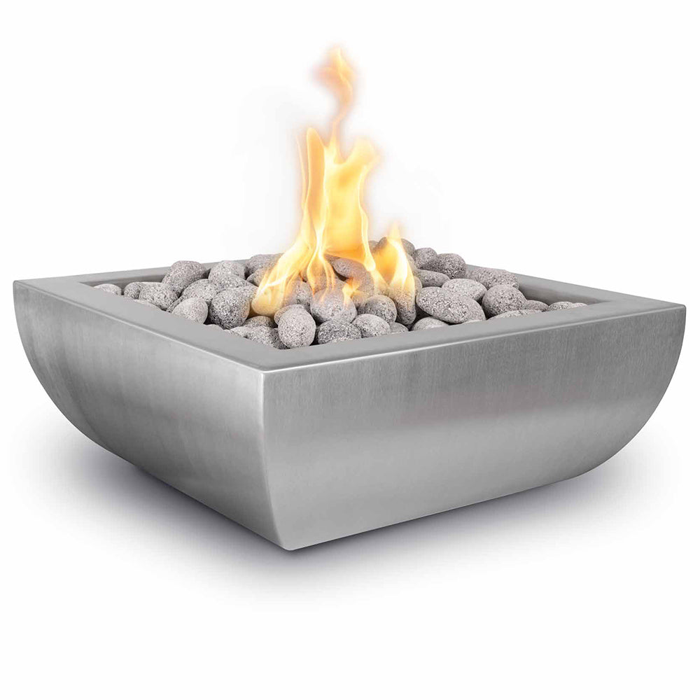 Square stainless steel gas fire bowl with burning flames and gray lava rocks