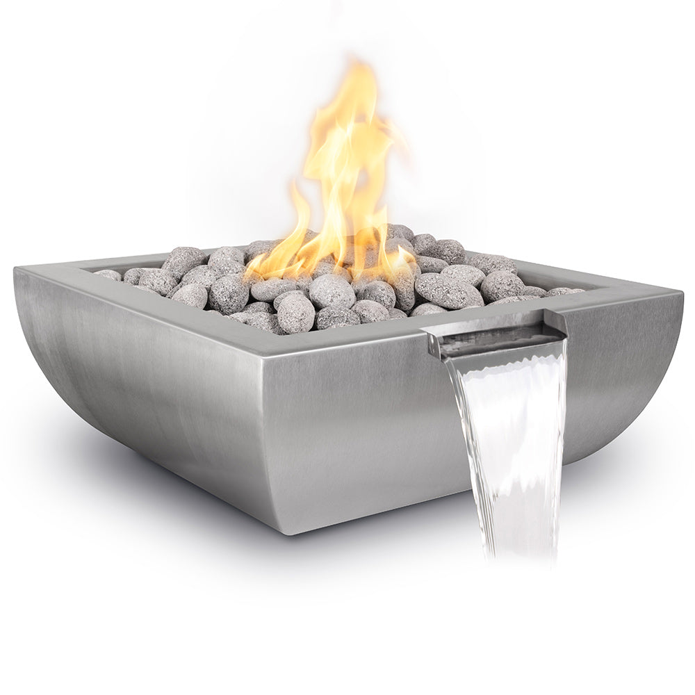 Stainless steel square gas fire bowl with glowing flames and water feature