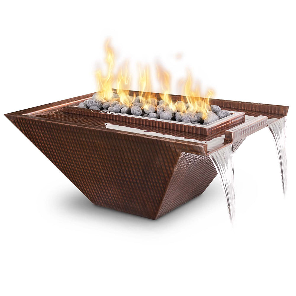 Rectangular copper gas fire bowl with burning logs and water spillover