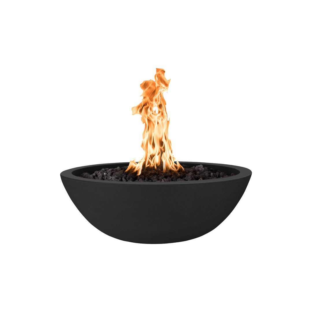 Sedona round concrete gas fire bowl with flames in a black finish