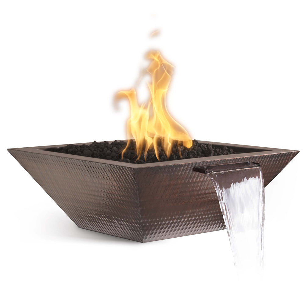Square copper gas fire bowl with flames and water stream on front edge