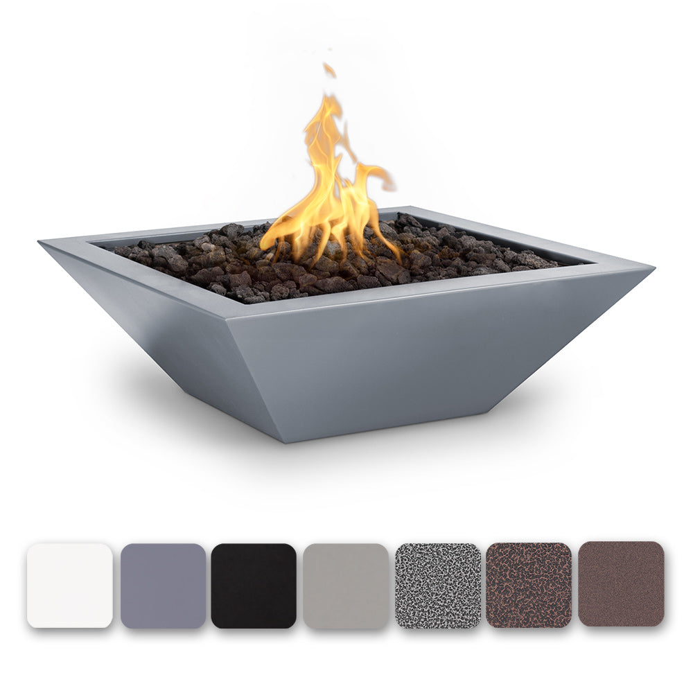 Gray square gas fire bowl with open top, flames over black lava rocks