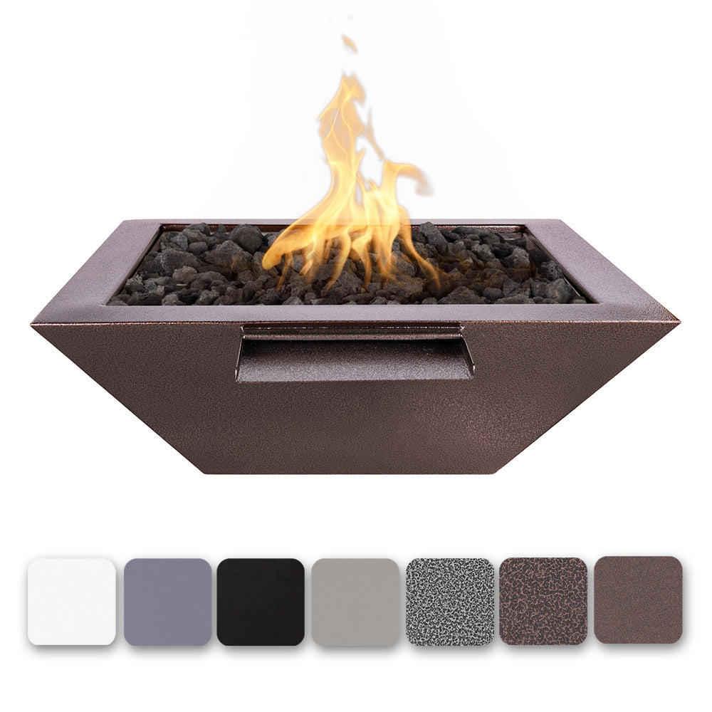 Square gas fire bowl with flames and dark rocks, bronze powder coat