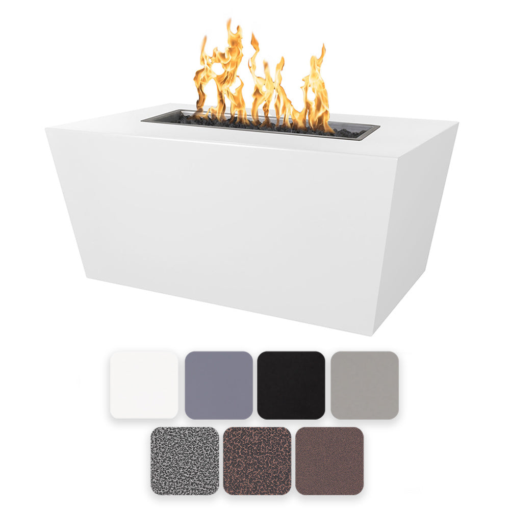 White linear powder-coated steel gas fire pit with active flames in rectangular burner