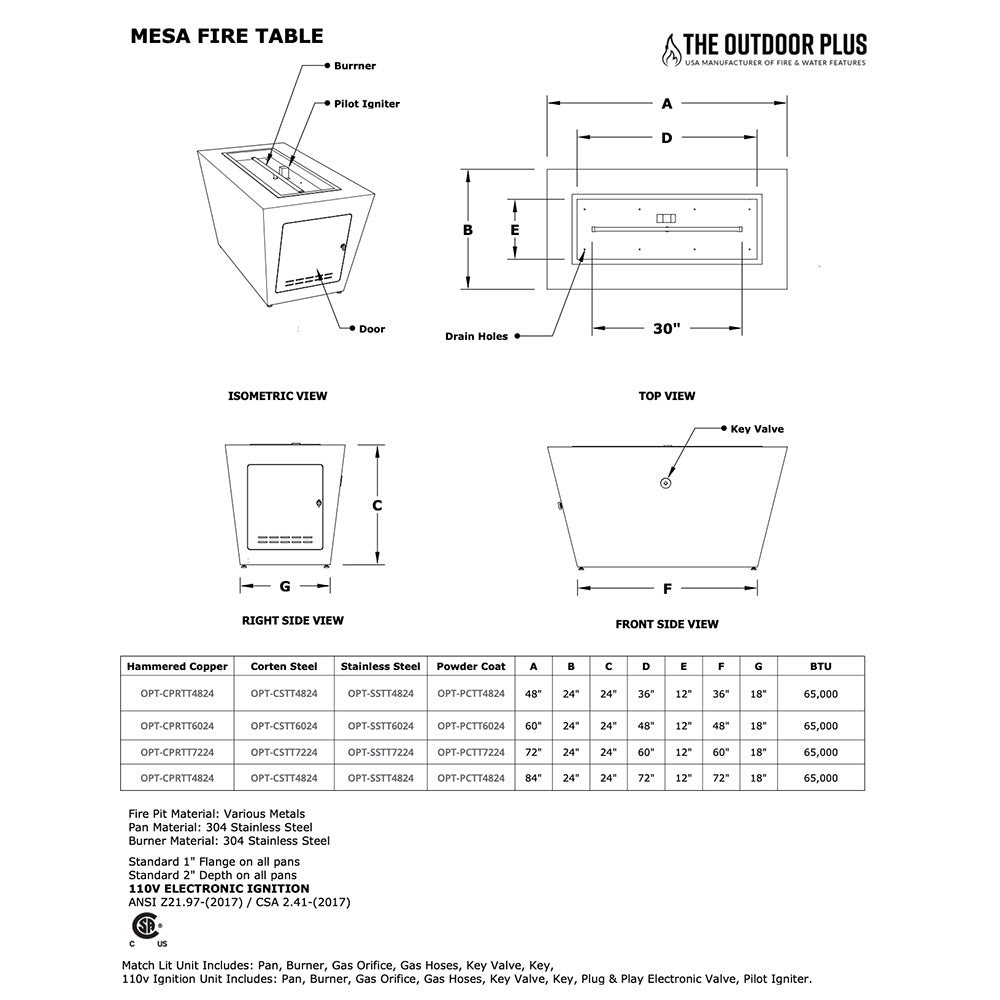 Linear gas fire pit technical diagram showing burner, door, and front dimensions
