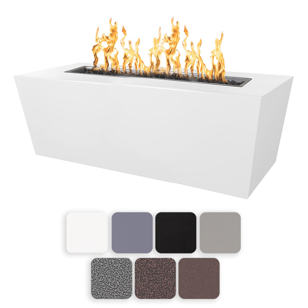 White linear powder-coated steel gas fire pit with flames in a rectangular tray
