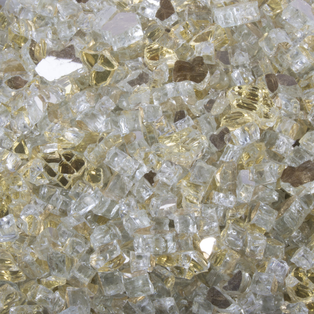 Gold and clear reflective fire glass, crushed glass pieces for fire feature