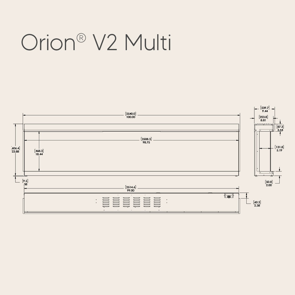Electric fireplace dimensions diagram for Orion V2 Multi