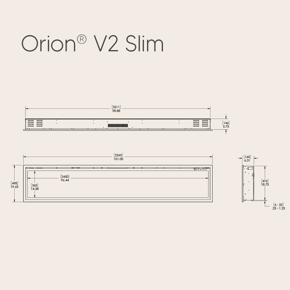 Orion V2 Slim linear electric fireplace size diagram with dimensions