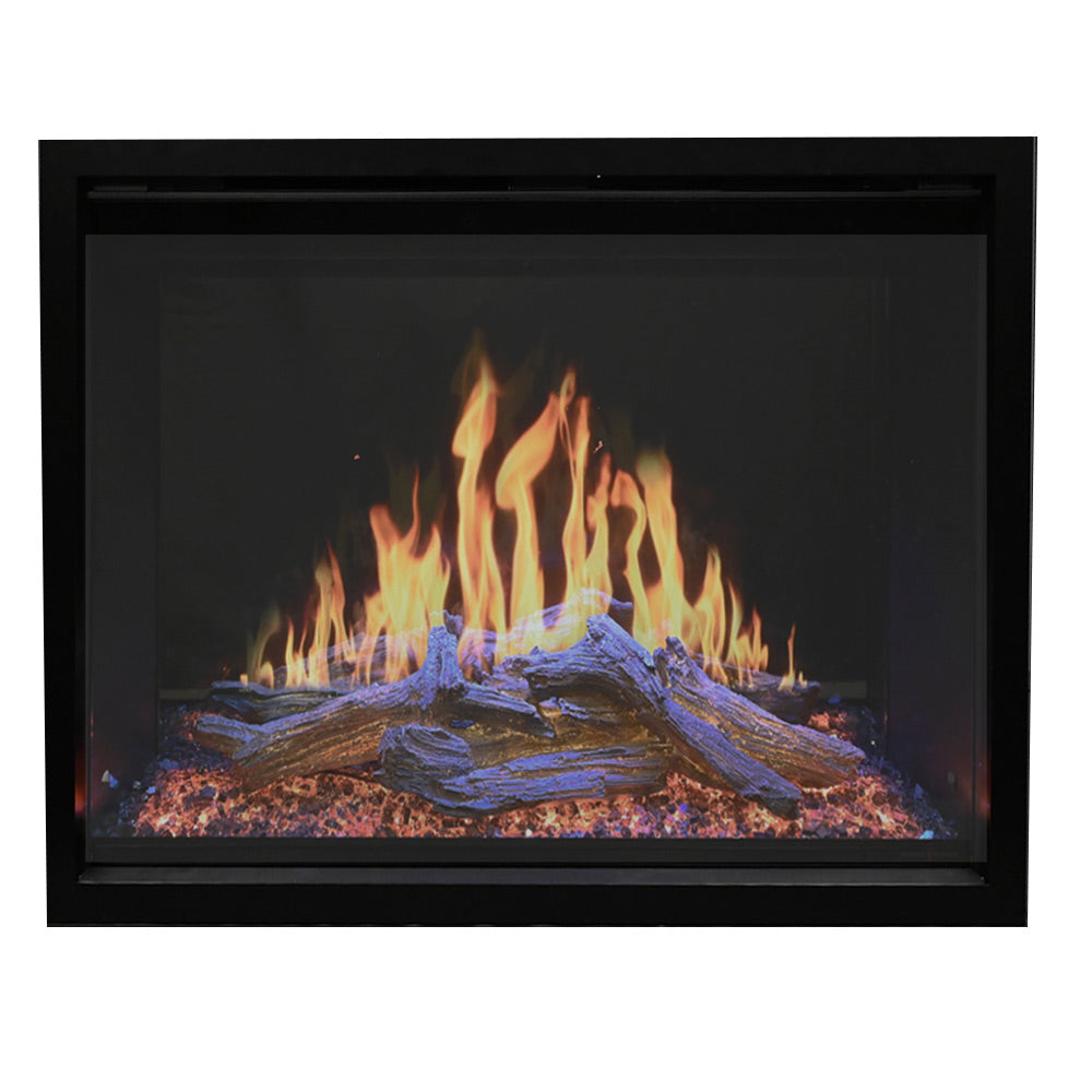 Built-in electric fireplace with black frame and realistic flame log bed