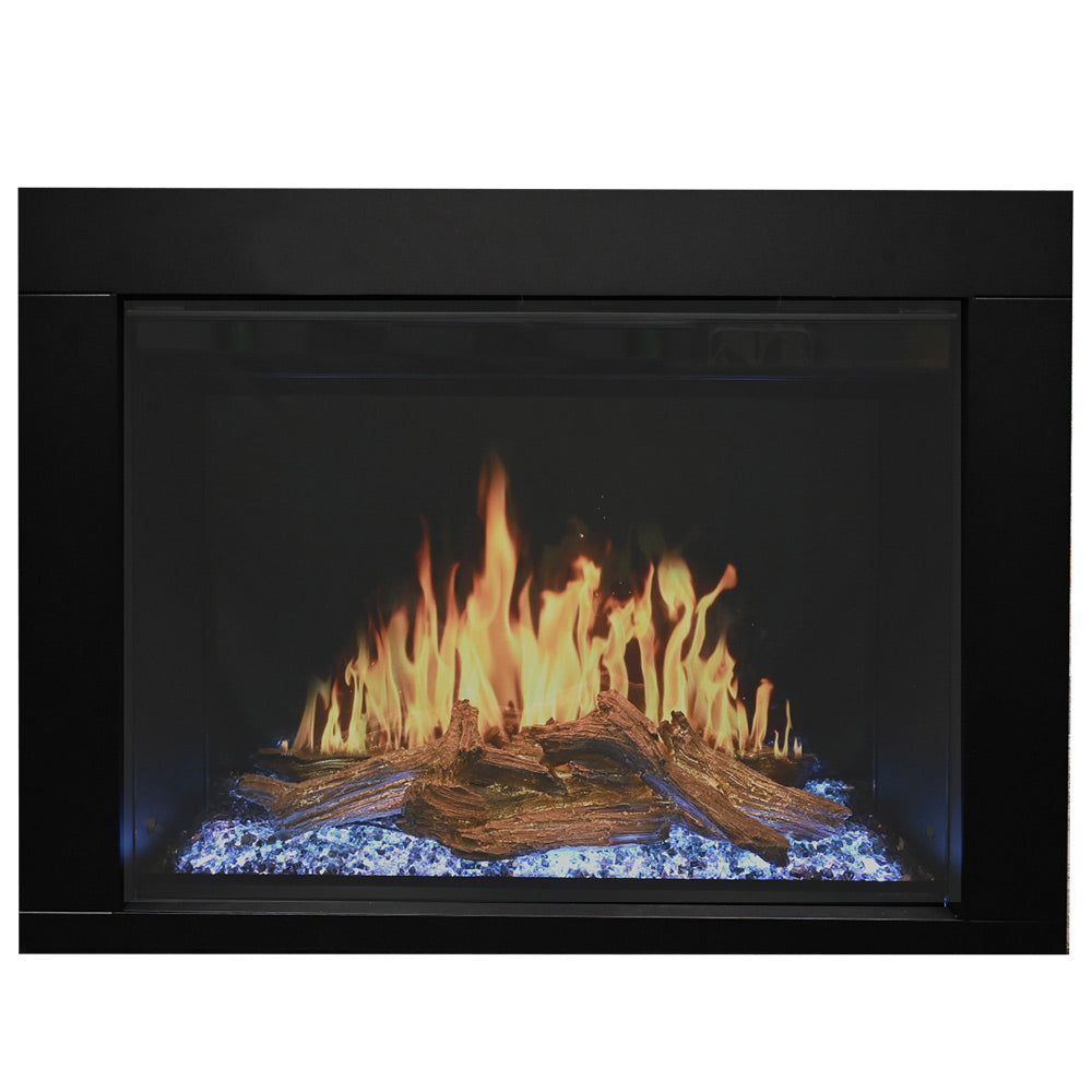 Electric fireplace insert with black frame and orange flame display over log set
