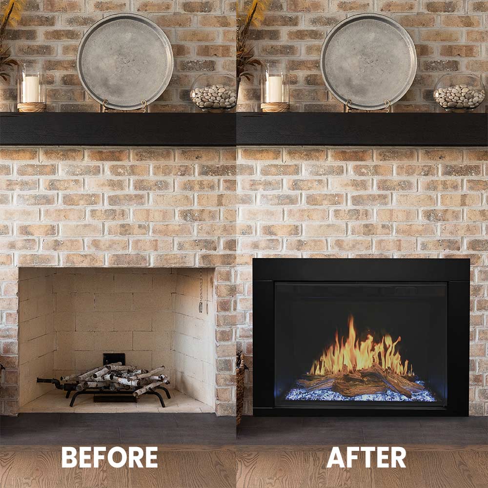 Electric fireplace insert showing two views; black flame window and log set