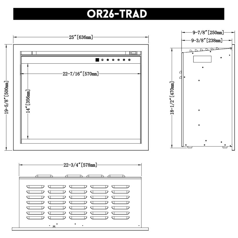 Electric fireplace insert technical dimension diagram with OR26-TRAD measurements