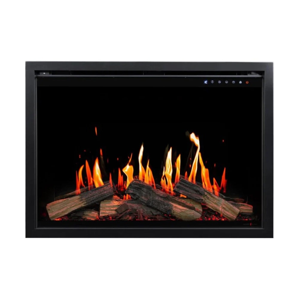 Built-in electric fireplace with black frame and orange flame effect logs