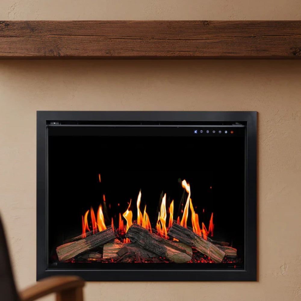 Built-in electric fireplace with black trim, flames in front opening