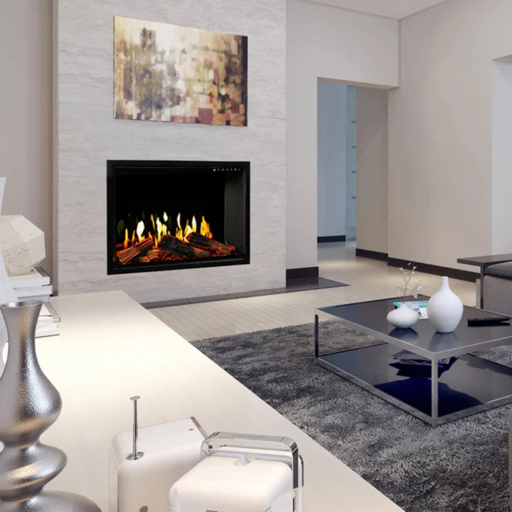 Built-in electric fireplace with dark glass front and orange flame display on wall
