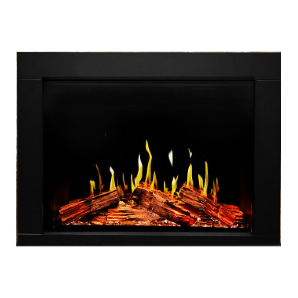 Black electric fireplace insert with orange flame effect and log-style ember bed